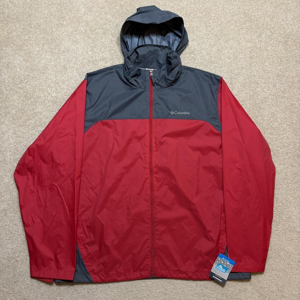 Columbia Rain Jacket Mens XL NWT Red Gray Hooded Waterproof Packable Windbreaker